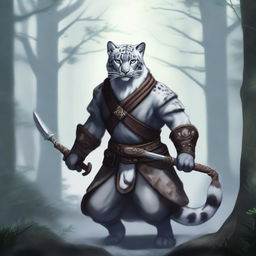 A male snow leopard tabaxi rogue with two tails, depicted in a fantasy setting