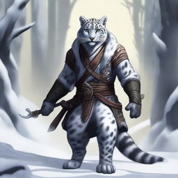 A male snow leopard Tabaxi rogue with two tails, depicted in a fantasy setting