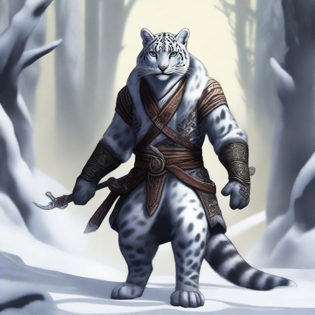 A male snow leopard Tabaxi rogue with two tails, depicted in a fantasy setting