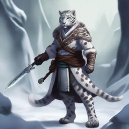 A male snow leopard Tabaxi rogue with two tails, depicted in a fantasy setting