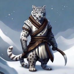 A male snow leopard Tabaxi rogue with two tails, depicted in a fantasy setting