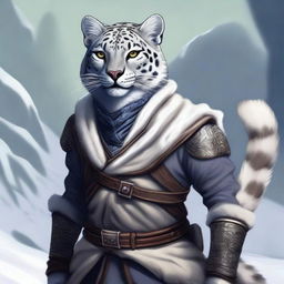 A male snow leopard Tabaxi rogue with two tails, depicted in a fantasy setting