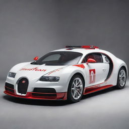 Bugatti cars redesigned as fast response emergency ambulances, featuring a white and red color scheme, emergency lights and prominent medical symbols.