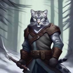 A male snow leopard Tabaxi rogue with two tails