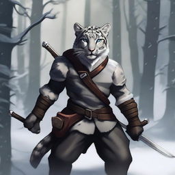 A male snow leopard Tabaxi rogue with two tails