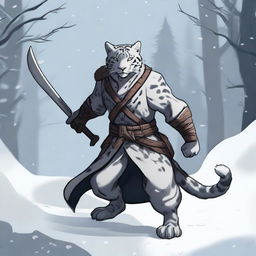 A detailed illustration of a male snow leopard Tabaxi rogue with two tails