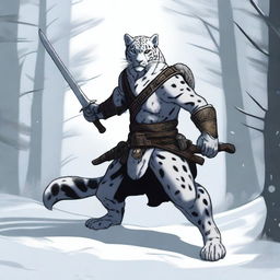 A detailed illustration of a male snow leopard Tabaxi rogue with two tails