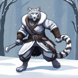 A detailed illustration of a male snow leopard Tabaxi rogue with two tails