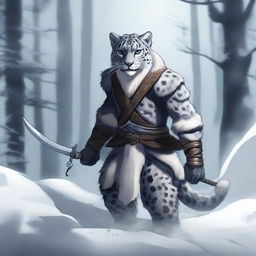 A detailed illustration of a male snow leopard Tabaxi rogue with two tails