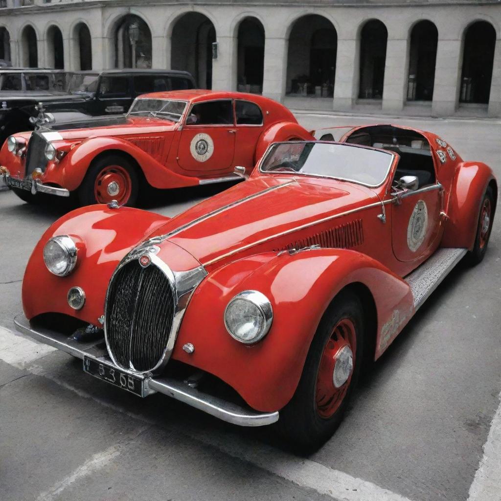 Bugatti cars converted into speedy fire engines, with a vibrant red paint job, fire department badges, flashing emergency lights, and equipped for fast response firefighting.