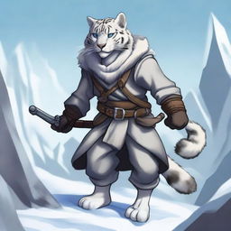 A detailed illustration of a male snow leopard Tabaxi rogue