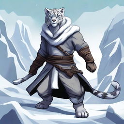 A detailed illustration of a male snow leopard Tabaxi rogue