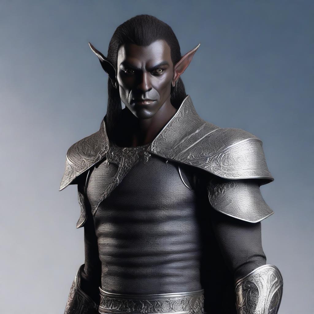 A 5 ft tall, 77 lbs male dark elf with white eyes, dark gray skin, and black hair