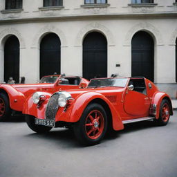 Bugatti cars converted into speedy fire engines, with a vibrant red paint job, fire department badges, flashing emergency lights, and equipped for fast response firefighting.