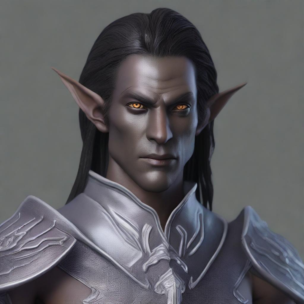 A 5 ft tall, 77 lbs male dark elf with white eyes, dark gray skin, and black hair