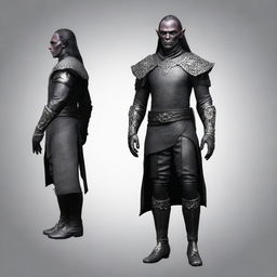 A 5 ft tall, 77 lbs male dark elf with white eyes, dark gray skin, and black hair