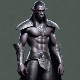 A 5 ft tall, 77 lbs male dark elf with white eyes, dark gray skin, and black hair