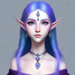 A tall, 6 ft 4 inch, slender female half-elf with blue skin and purple hair