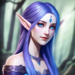 A tall, 6 ft 4 inch, slender female half-elf with blue skin and purple hair