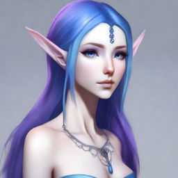 A tall, 6 ft 4 inch, slender female half-elf with blue skin and purple hair