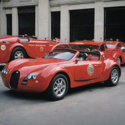 Bugatti cars converted into speedy fire engines, with a vibrant red paint job, fire department badges, flashing emergency lights, and equipped for fast response firefighting.