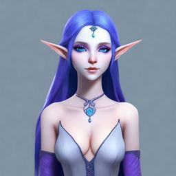 A tall, 6 ft 4 inch, slender female half-elf with blue skin and purple hair