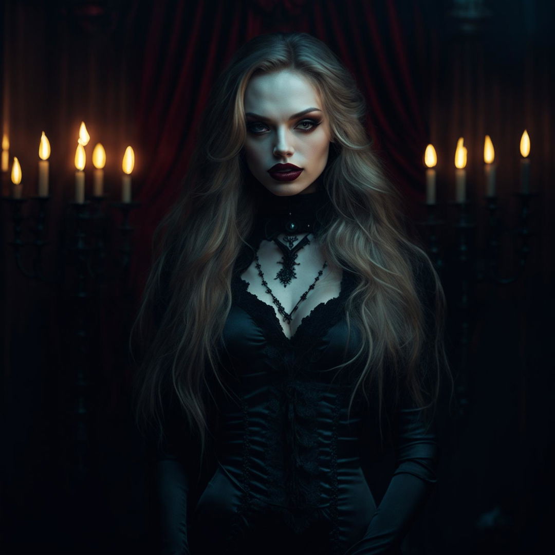 A young, sultry vampire woman with brown hair and blonde streaks, model-like figure, in a gothic setting with dim lighting and ornate decor