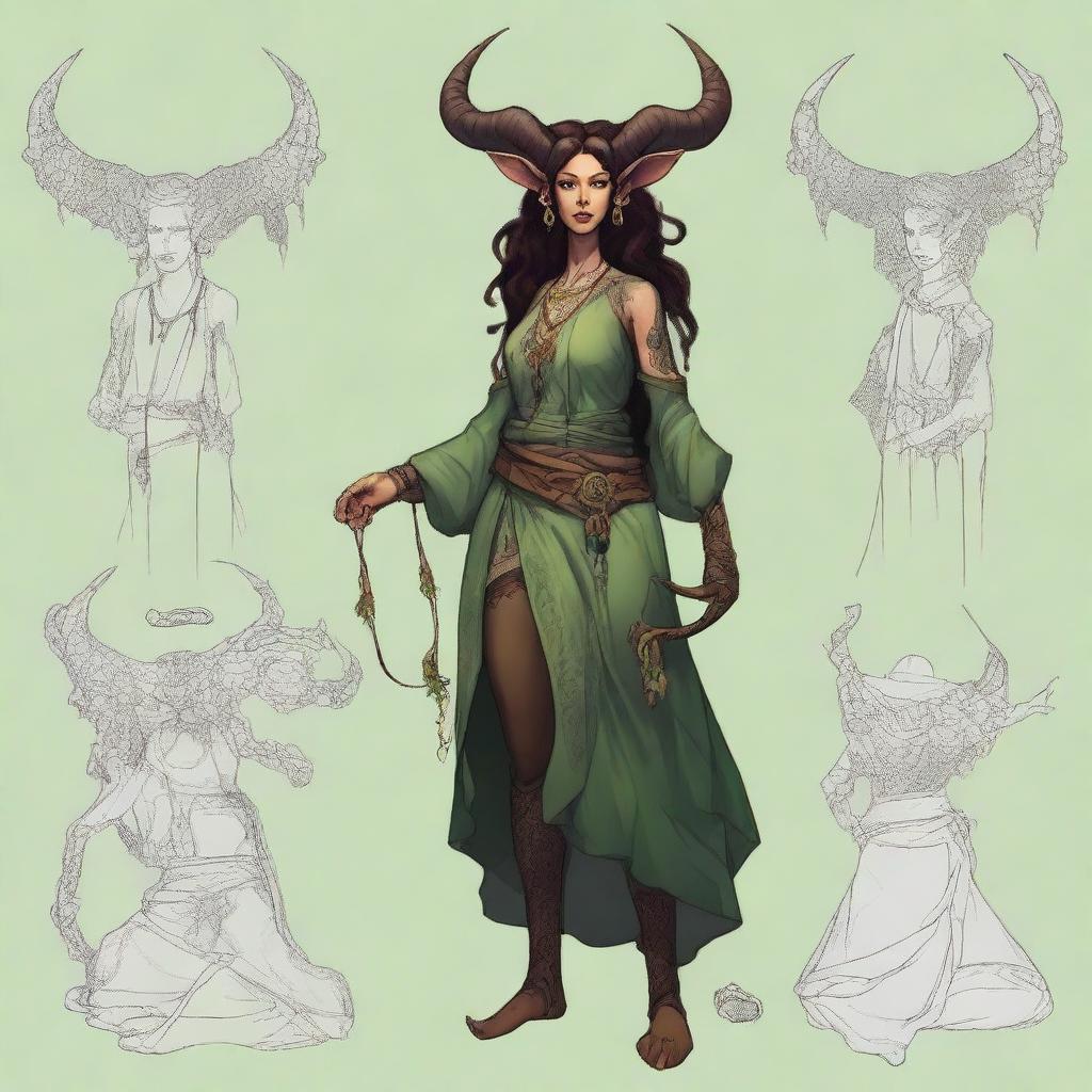 Create an image of a 6 ft tall, 115 lbs female druid tiefling