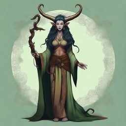 Create an image of a 6 ft tall, 115 lbs female druid tiefling