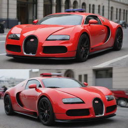 Bugatti cars converted into speedy fire engines, with a vibrant red paint job, fire department badges, flashing emergency lights, and equipped for fast response firefighting.