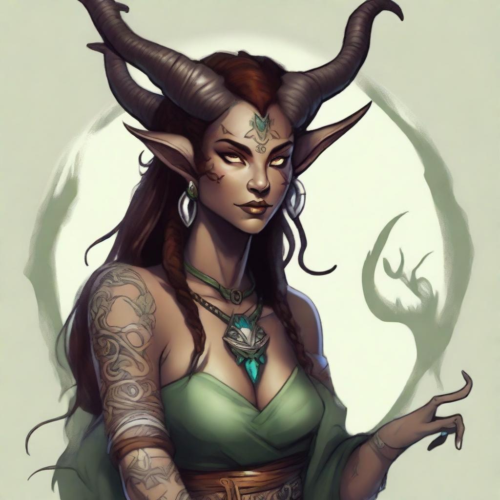 Create an image of a 6 ft tall, 115 lbs female druid tiefling