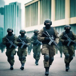 A highly trained Russian Special Force unit in full tactical gear, including helmets, body armor, and advanced weaponry, standing in a strategic formation