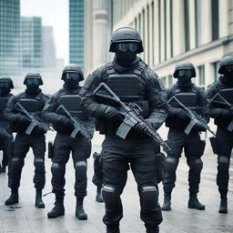 A highly trained Russian Special Force unit in full tactical gear, including helmets, body armor, and advanced weaponry, standing in a strategic formation