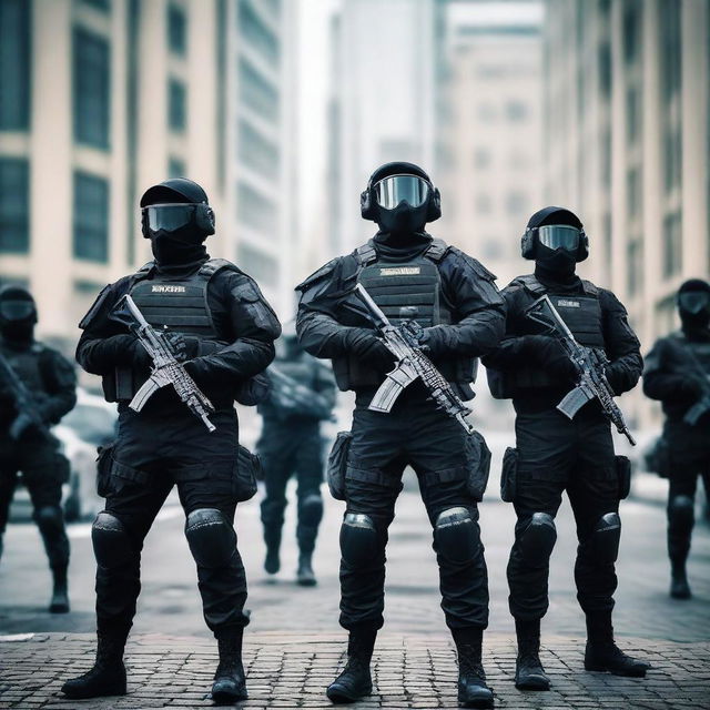 A highly trained Russian Special Force unit in full tactical gear, including helmets, body armor, and advanced weaponry, standing in a strategic formation