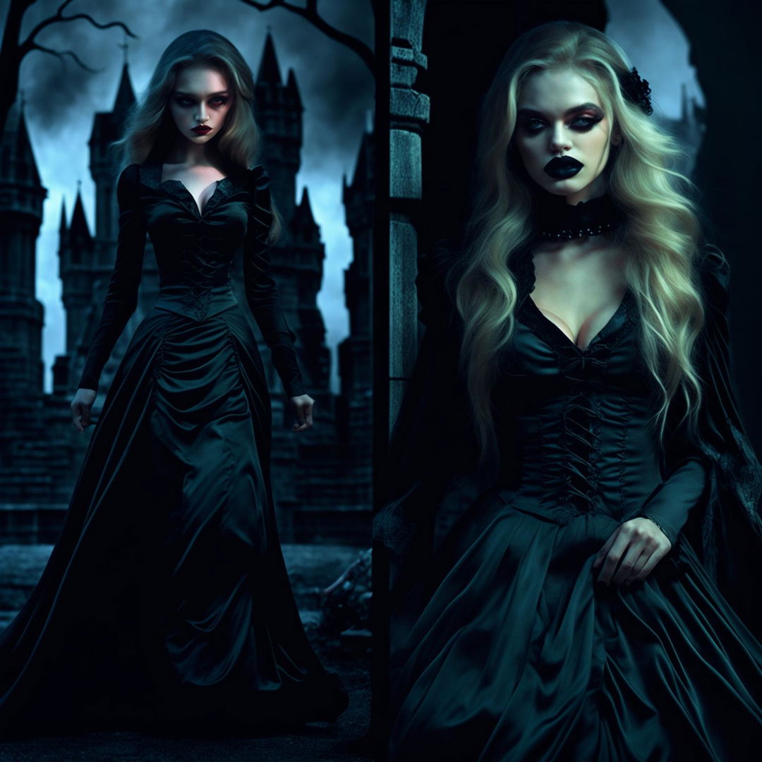 A series of images featuring a young, sultry vampire woman with brown hair and blonde streaks, model-like presence, in gothic or nocturnal settings