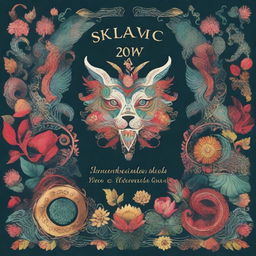 Create a book cover featuring a mythical beast from Polish folklore, surrounded by elements of Slavic culture