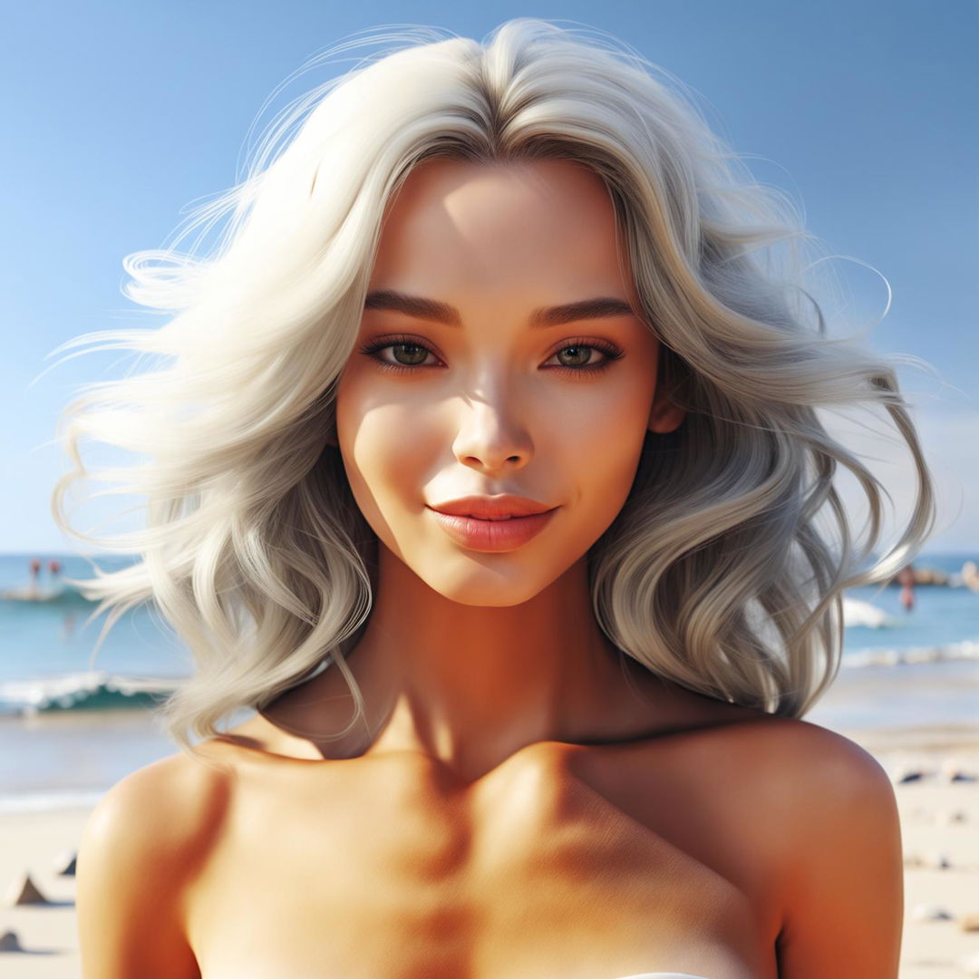 A photo-realistic image of a 30-year-old woman with white hair, square facial features, dimples, bow lips, large black eyebrows, green eyes, and swarthy skin standing on a beach