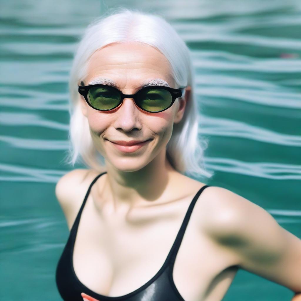 A photo of a girl with an average build and white hair, wearing a black swimsuit, swimming