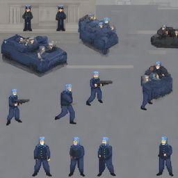 Create a detailed pixel art image of Russian police managing a riot