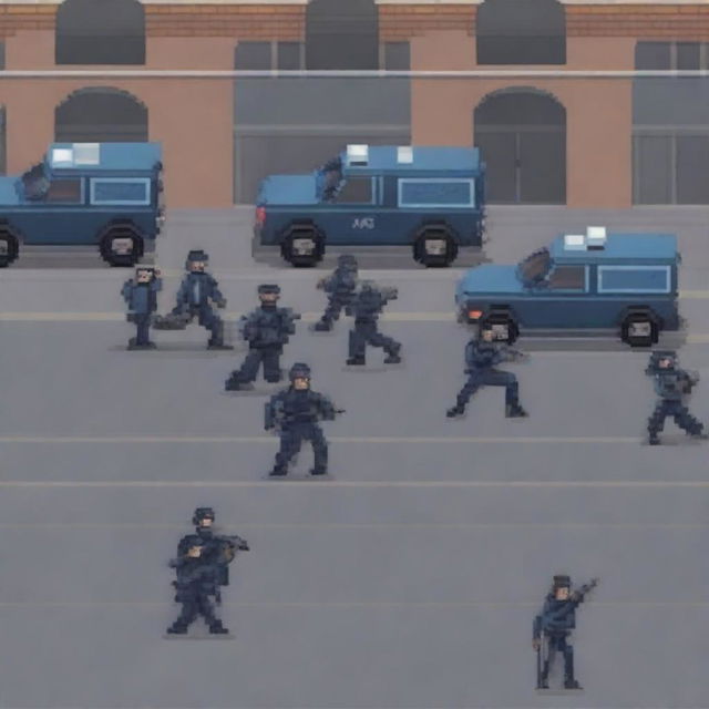 Create a detailed pixel art image of Russian police managing a riot