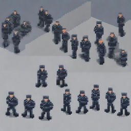 Create a detailed pixel art image of Russian police managing a riot