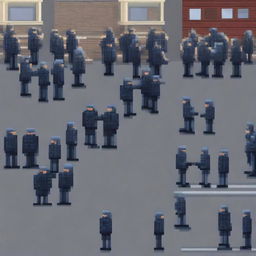 Create a detailed pixel art image of Russian police managing a riot