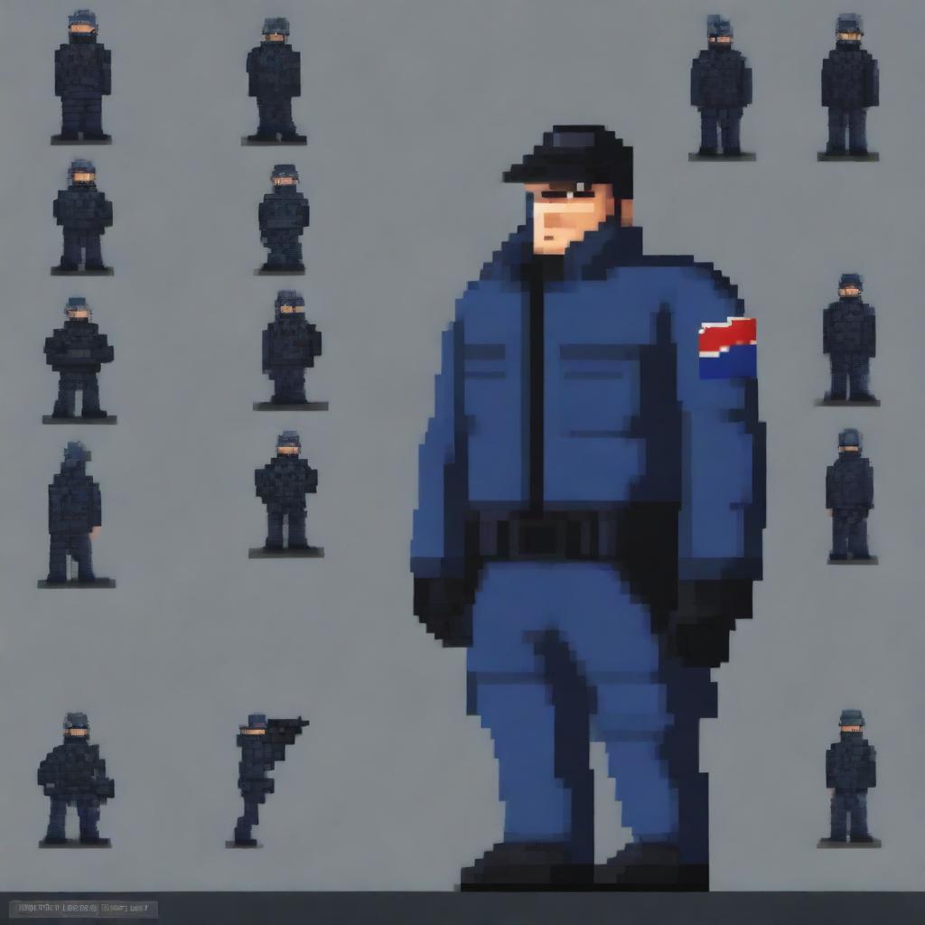 Create a detailed pixel art image of a single Russian police officer in riot gear