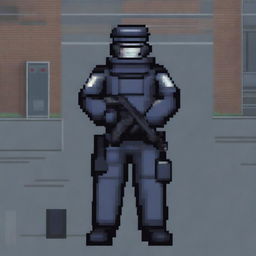 Create a detailed pixel art image of a single Russian police officer in riot gear