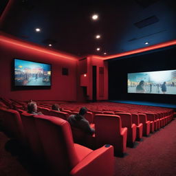 A vibrant scene inside a modern cinema with people enjoying a movie