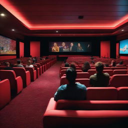 A vibrant scene inside a modern cinema with people enjoying a movie