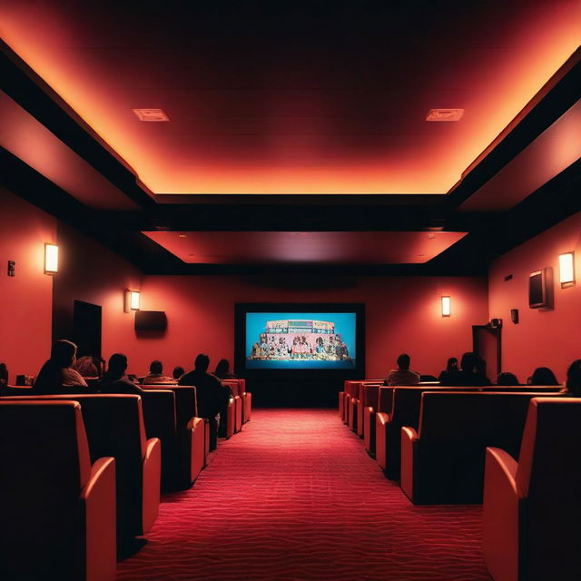 A vibrant scene inside a modern cinema with people enjoying a movie