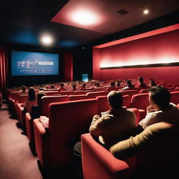 A vibrant scene inside a modern cinema with people enjoying a movie