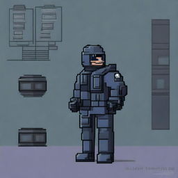 Create a detailed pixel art image of a single Russian police officer in riot gear for a platformer game