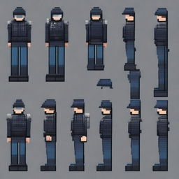 Create a detailed pixel art image of a single Russian police officer in riot gear for a platformer game